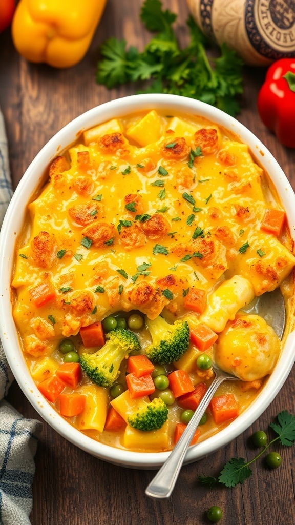 Budget-Friendly Vegetable Casserole Recipe A golden-brown vegetable casserole with mixed vegetables and a crispy topping, served in a rustic kitchen setting.
